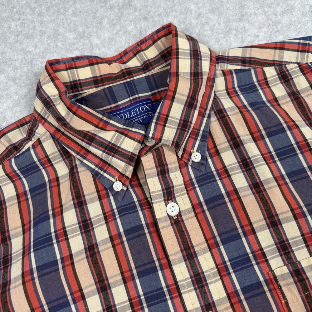 Pendleton Men's Large Red Blue Plaid Button Down Shirt Short Sleeve Cotton